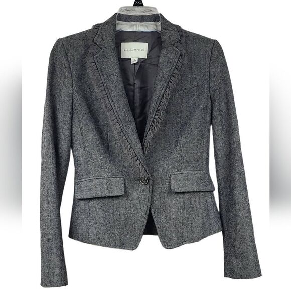Banana Republic Wool Tweed Herringbone Ruffle Collar Blazer Gray Suit Jacket 0 - Picture 1 of 15